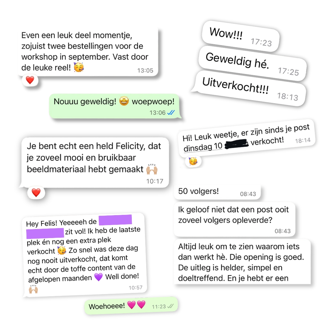 screenshots van reacties van klanten die meer volgers en verkopen uit social media hebben gehaald